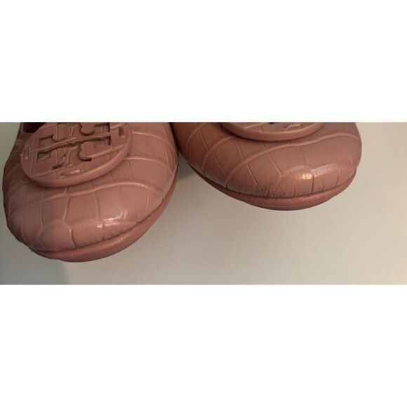 Tory Burch MINNIE Travel Rosa Ballet Flats Logo Pink Croco Embos Shoe Size 8 - Picture 9 of 11